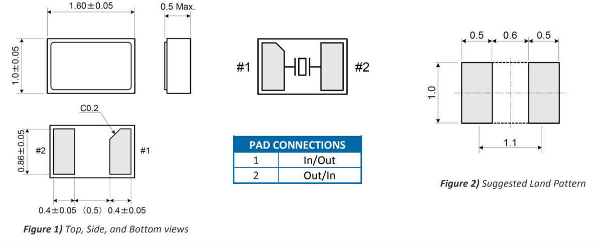 Mechanical Drawing - ECS ECX-16 SMD Tuning Fork Crystals Mechanical Drawing - ECS ECX-16 SMD Tuning Fork Crystals