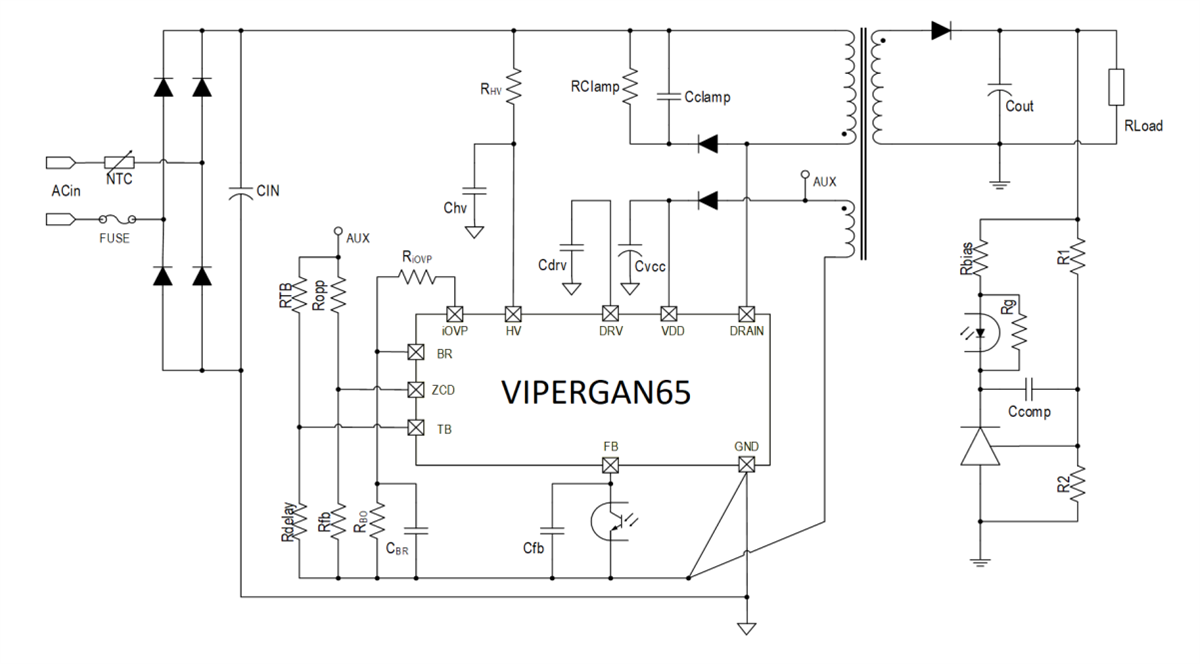 Application Circuit Diagram - STMicroelectronics VIPERGAN65 High Voltage Converter