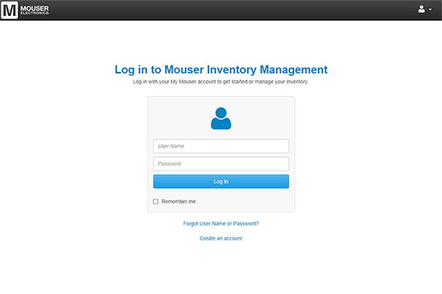 Log in screen ng inventory management ng Mouser