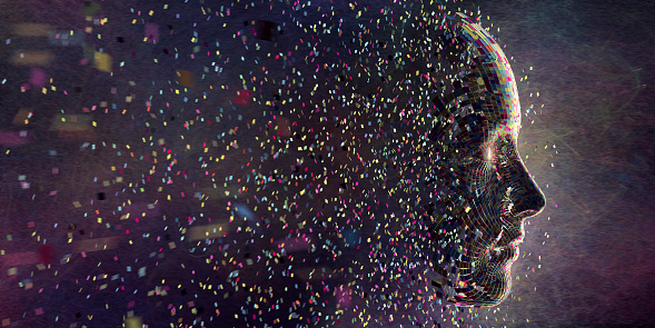 Multi Coloured Squares in Mid Air Gathering To Form Head