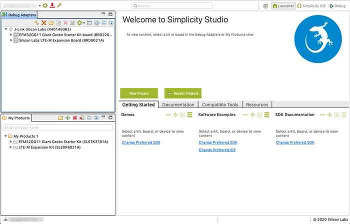 Simplicity Studio Launcher Screen with Boards Connected